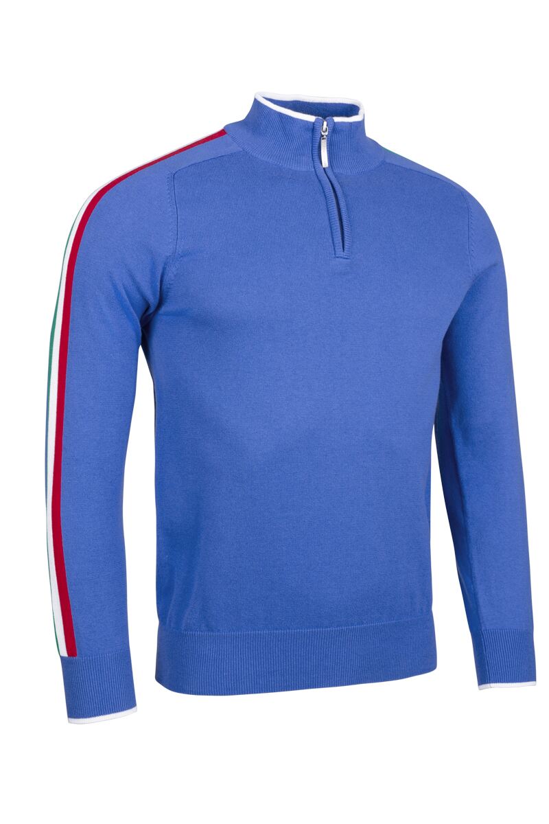 Mens Quarter Zip Irish Italian Flag Stripe Cotton Golf SweaterS / Blue