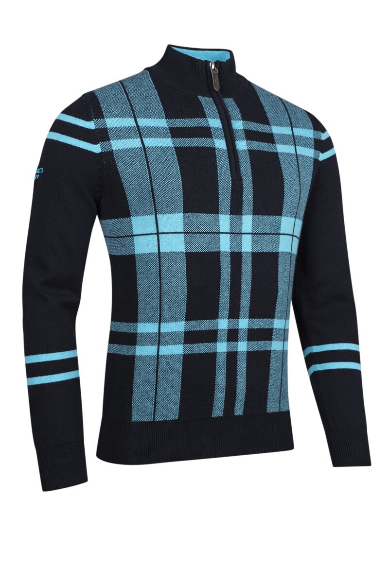 Mens Quarter Zip Checked Touch of Cashmere Golf SweaterS / Blue