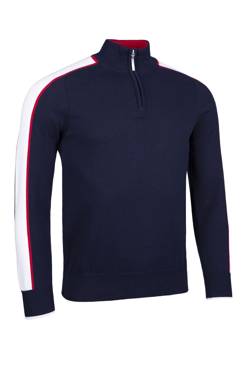 Mens Quarter Zip Colour Block Sleeve Stripe Cotton Golf Sweater