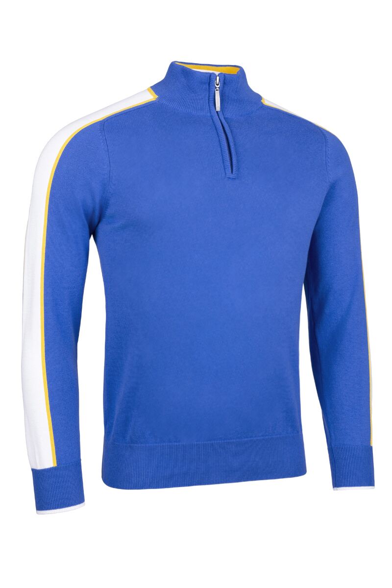 Mens Quarter Zip Colour Block Sleeve Stripe Cotton Golf Sweater