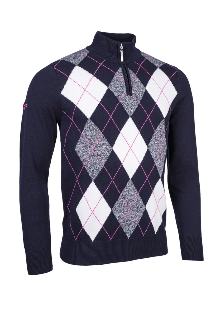 Mens Quarter Zip Diamond Argyle Cotton Golf Sweater